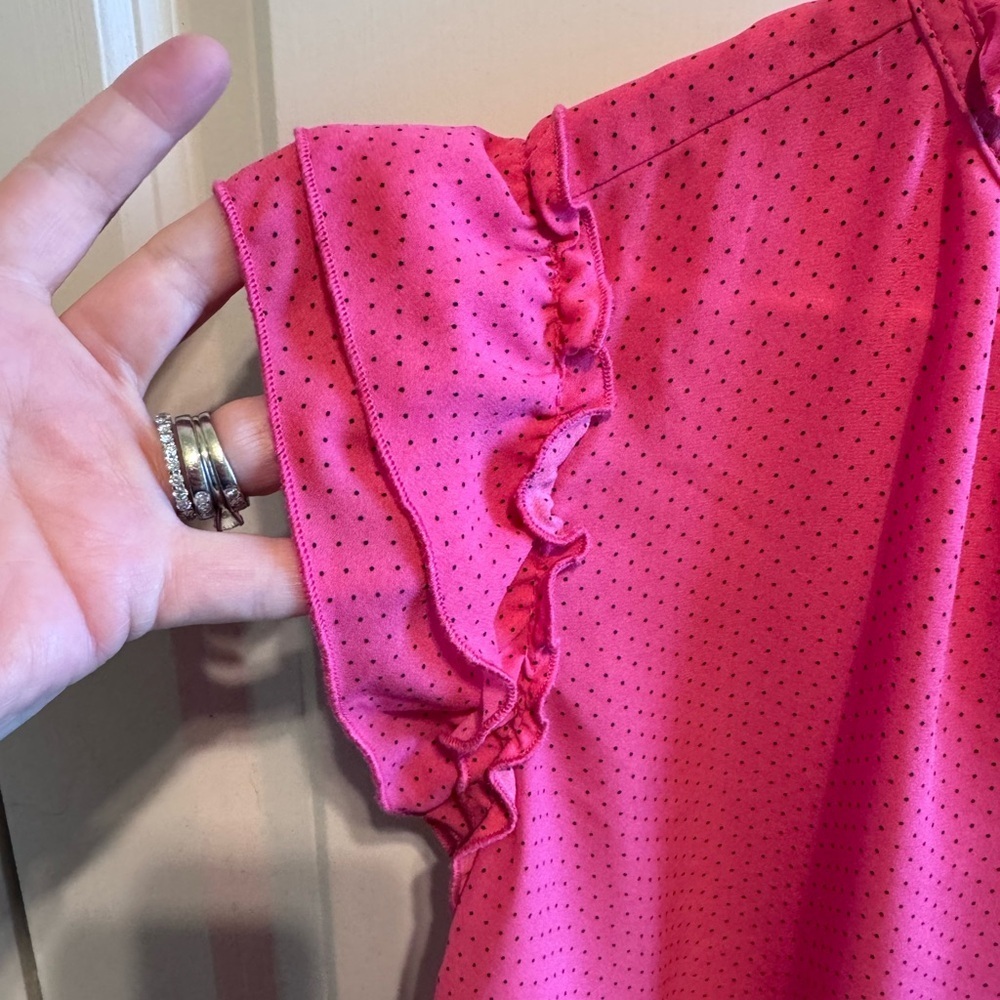Tamara H Pink Black Dot Blouse Ruffle Cap Sleeve Neck Tie shirt Sz XL - Picture 7 of 11